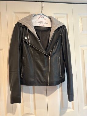 Bagatelle Genuine Leather Moto Jacket with Grey Hood